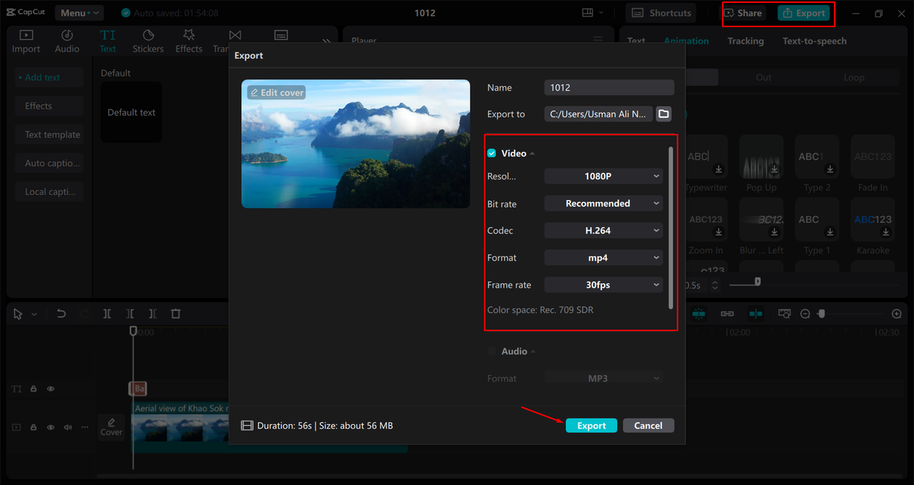 Exporting a video from the CapCut desktop video editor