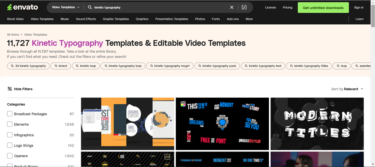 Interface of Envato - the best site to get kinetic typography templates