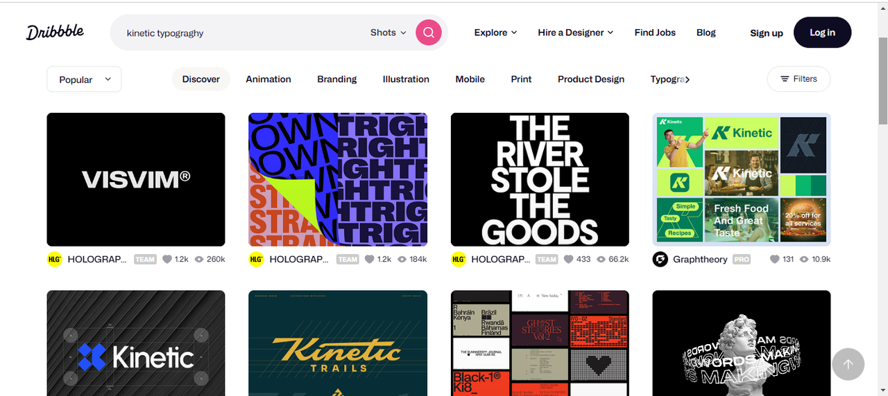 Interface of Dribbble site for downloading kinetic typography templates