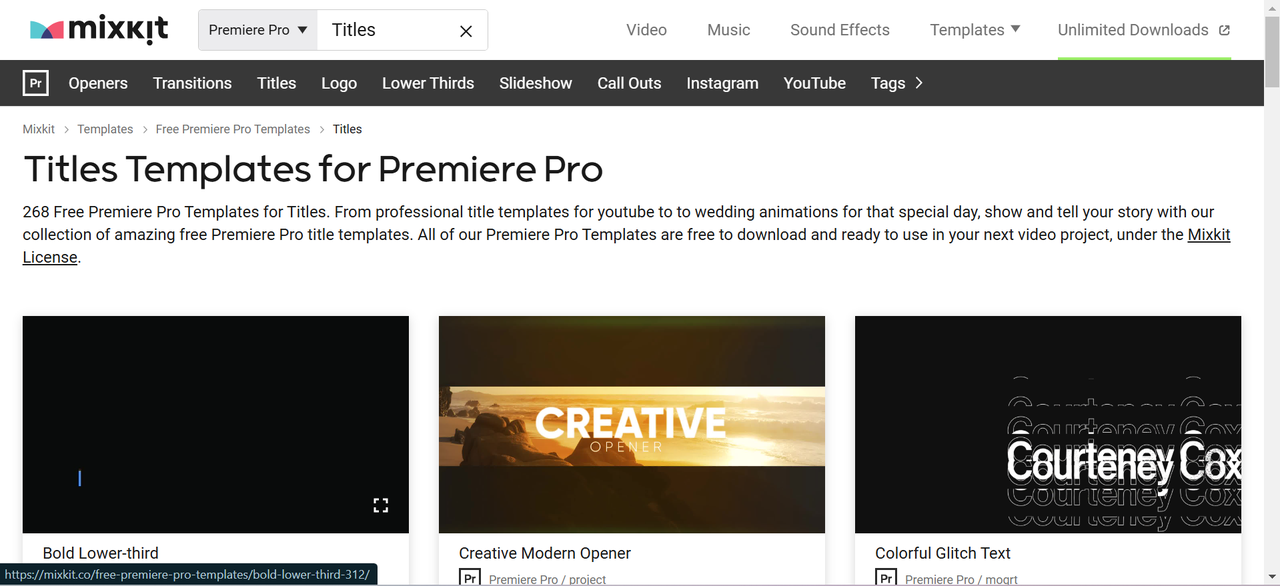 Interface of Mixkit - a perfect platform to download free text effects for Premiere Pro