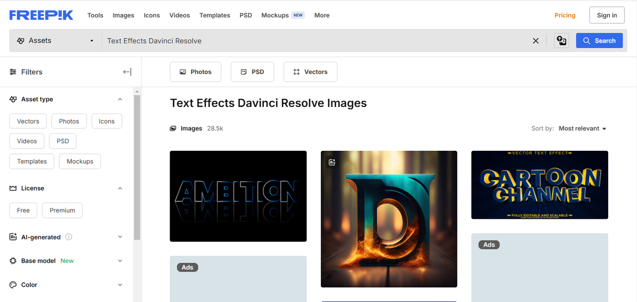 Interface of Freepik - a well-known platform to download DaVinci Resolve text effects