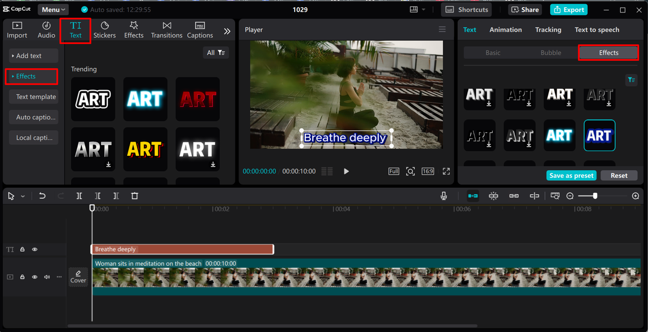 Applying and adjusting the text effect in the CapCut desktop video editor