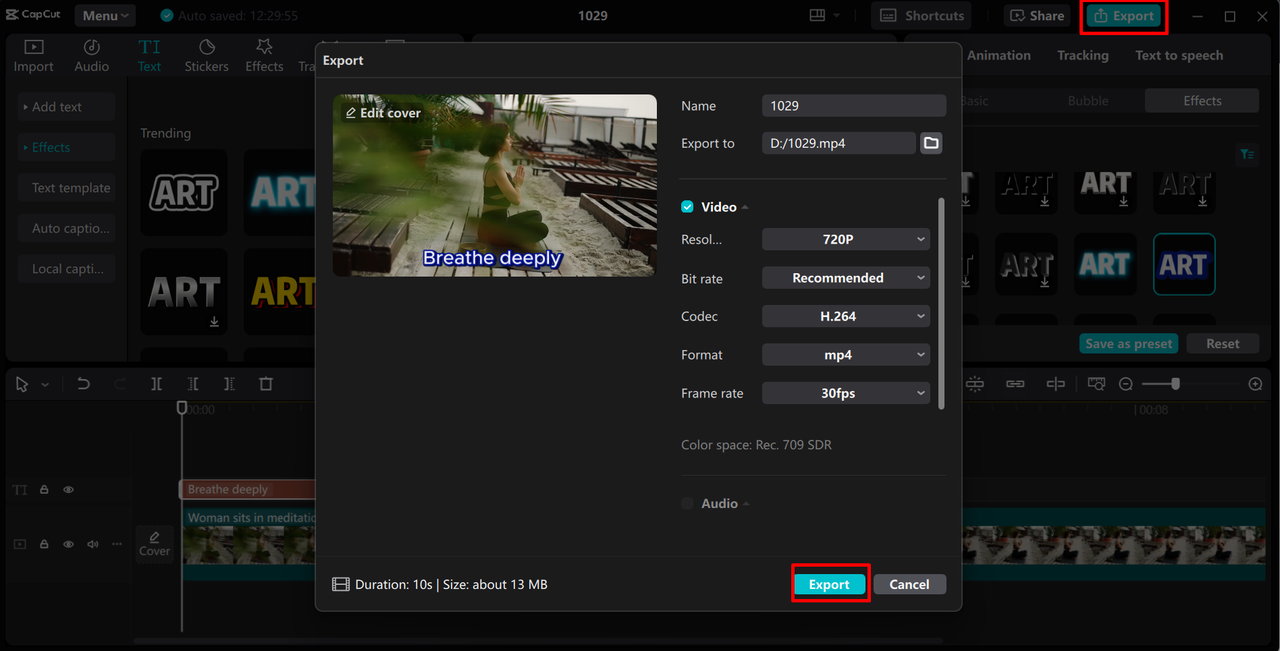 Exporting the video from the CapCut desktop video editor