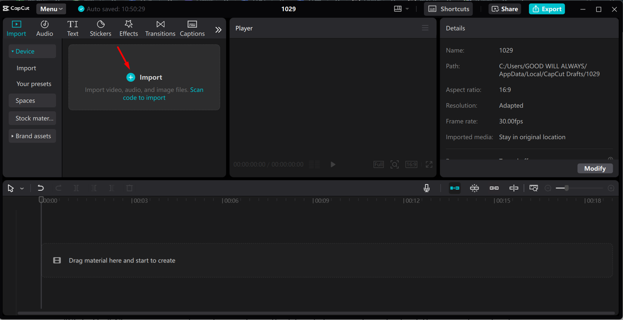 Uploading media in the CapCut desktop video editor