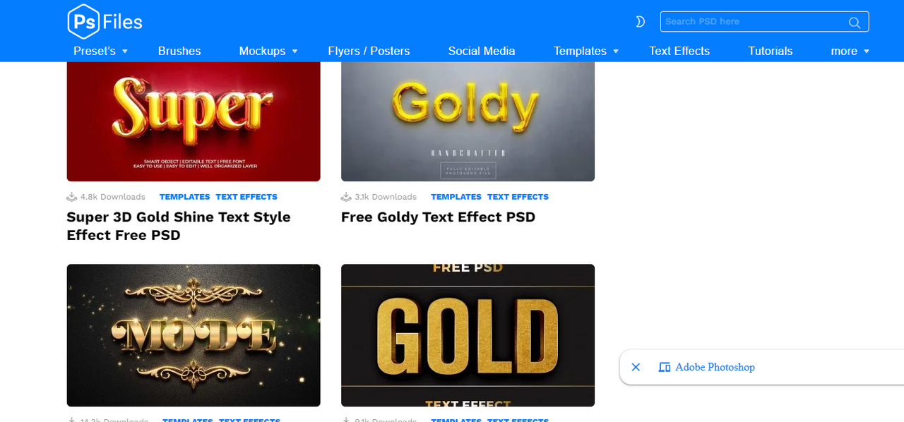 Interface of PsFIles - a dedicated platform to download gold text effects for Photoshop