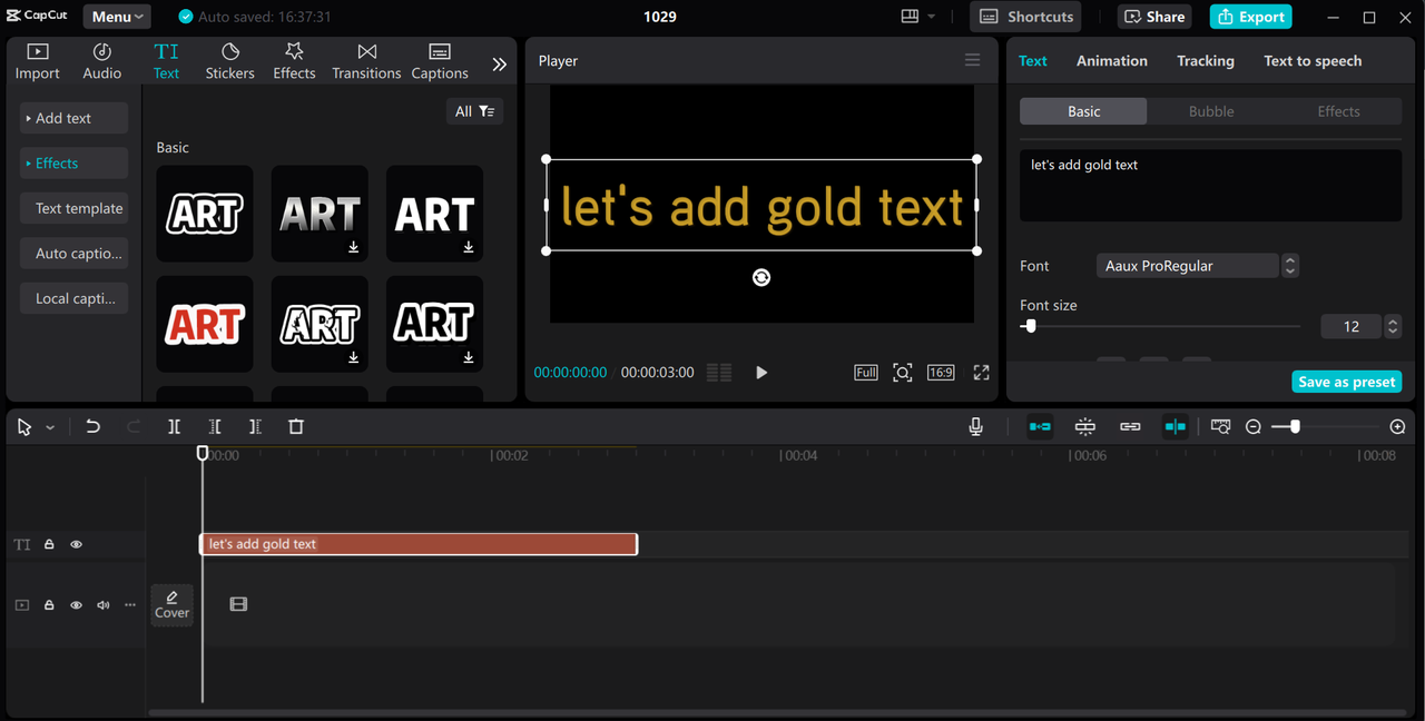 Editing interface of CapCut desktop video editor - an intuitive platform for adding golden effects to text