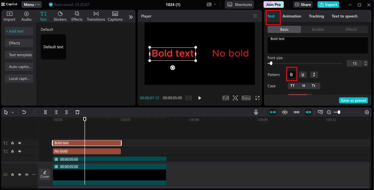 Adding text and making it bold in the CapCut desktop video editor