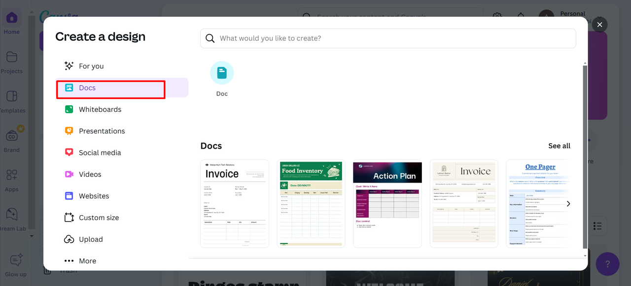 Creating new docs to start a design in Canva