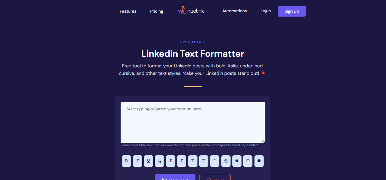 Interface of Nuelink - best tool to create bold fonts for LinkedIn