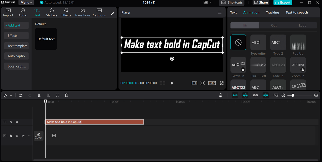 Editing interface of CapCut desktop video editor - an effective tool for creating bold text in videos