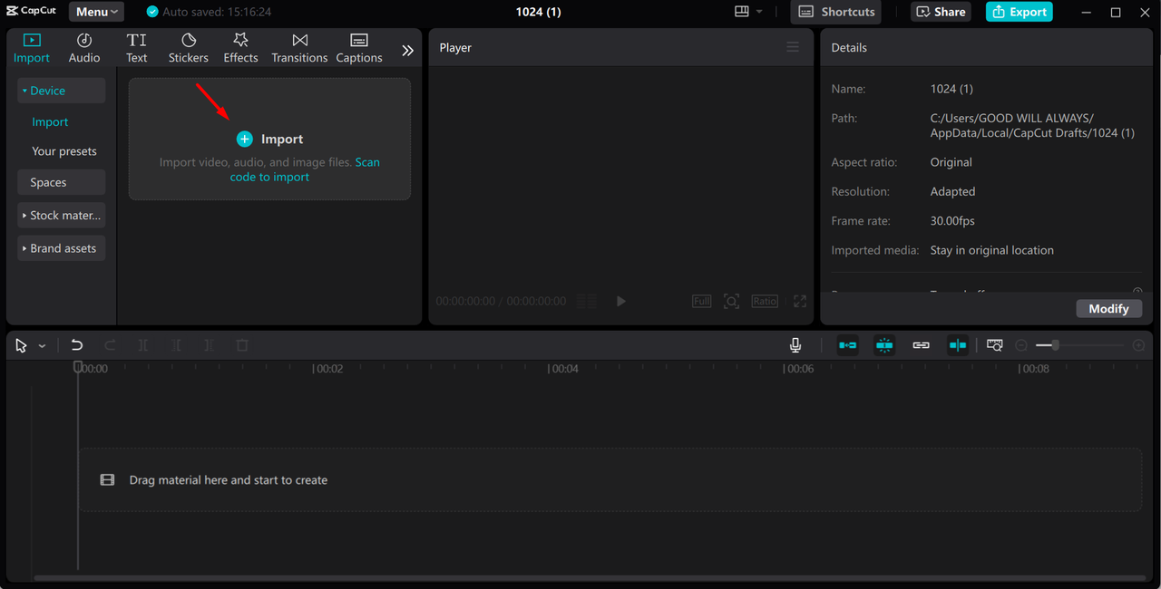 Uploading media in the CapCut desktop video editor