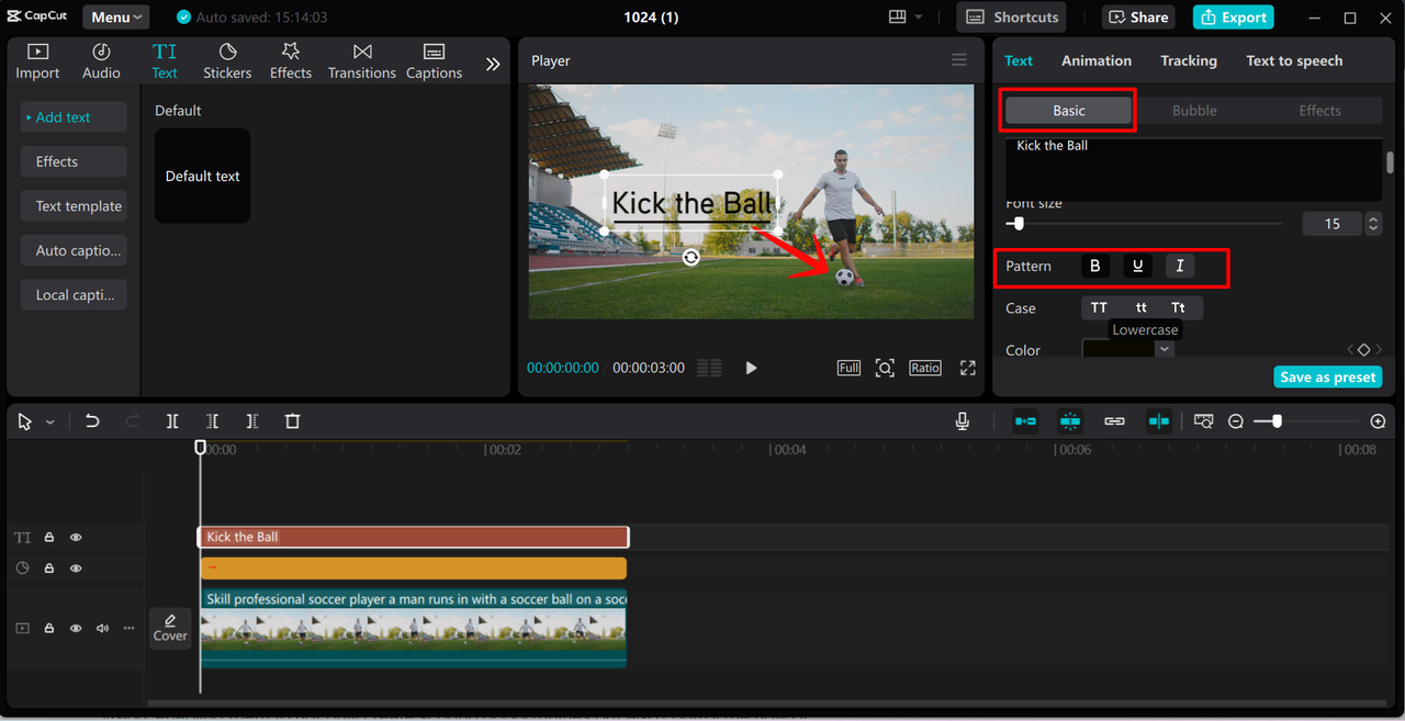 Making the text bold in the CapCut desktop video editor