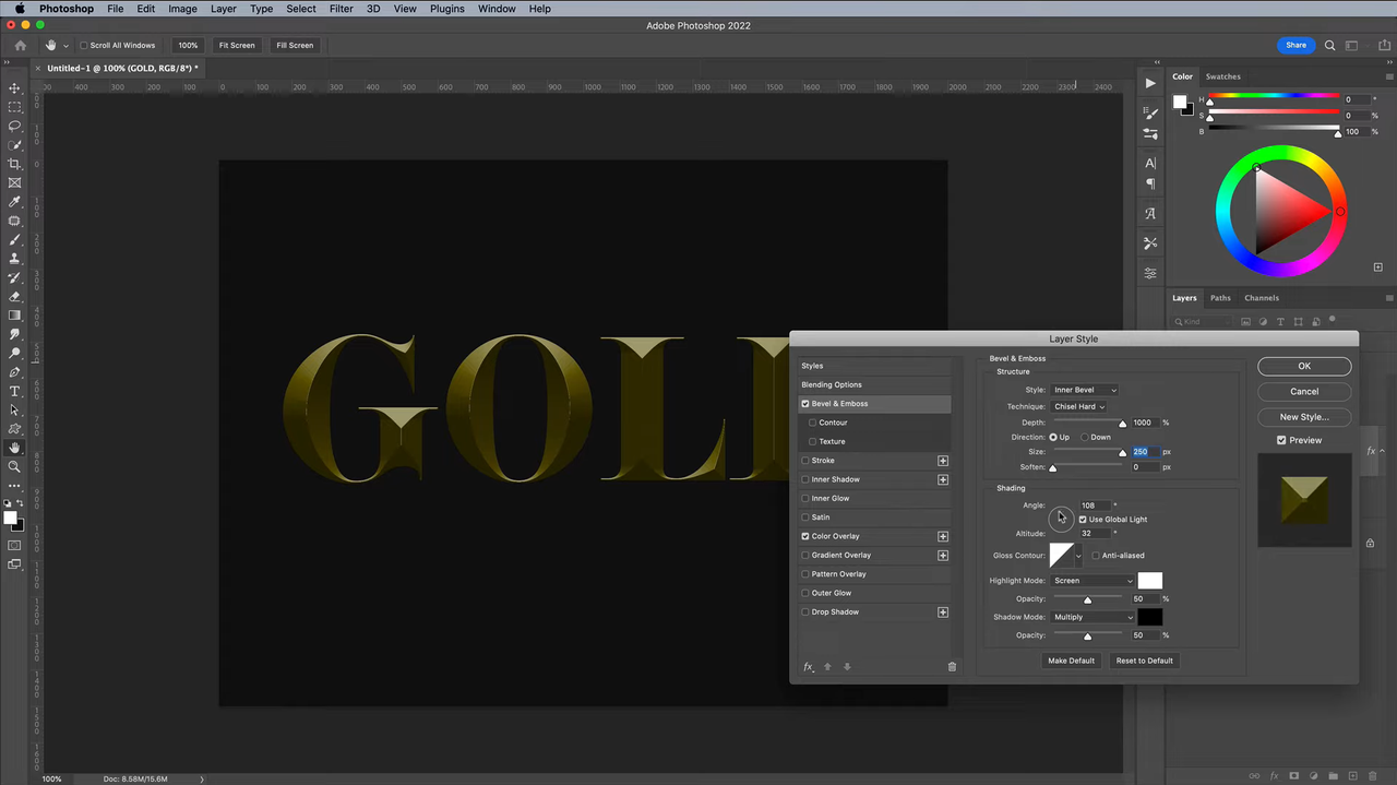 Interface of Photoshop - an easy-to-use gold text generator