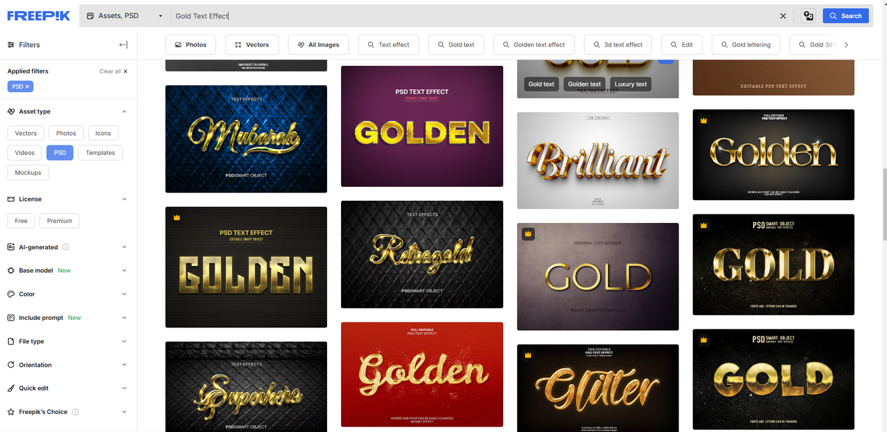 Interface of Freepik - an easy way to create gold text online