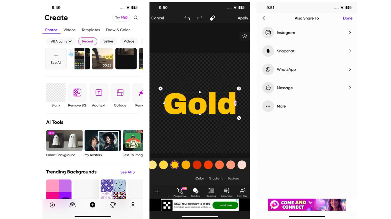 Interface of Picsart - a gold font maker for mobile