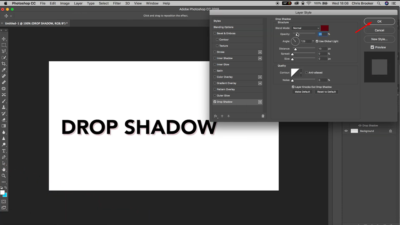 Showing how to add shadow to text in Photoshop