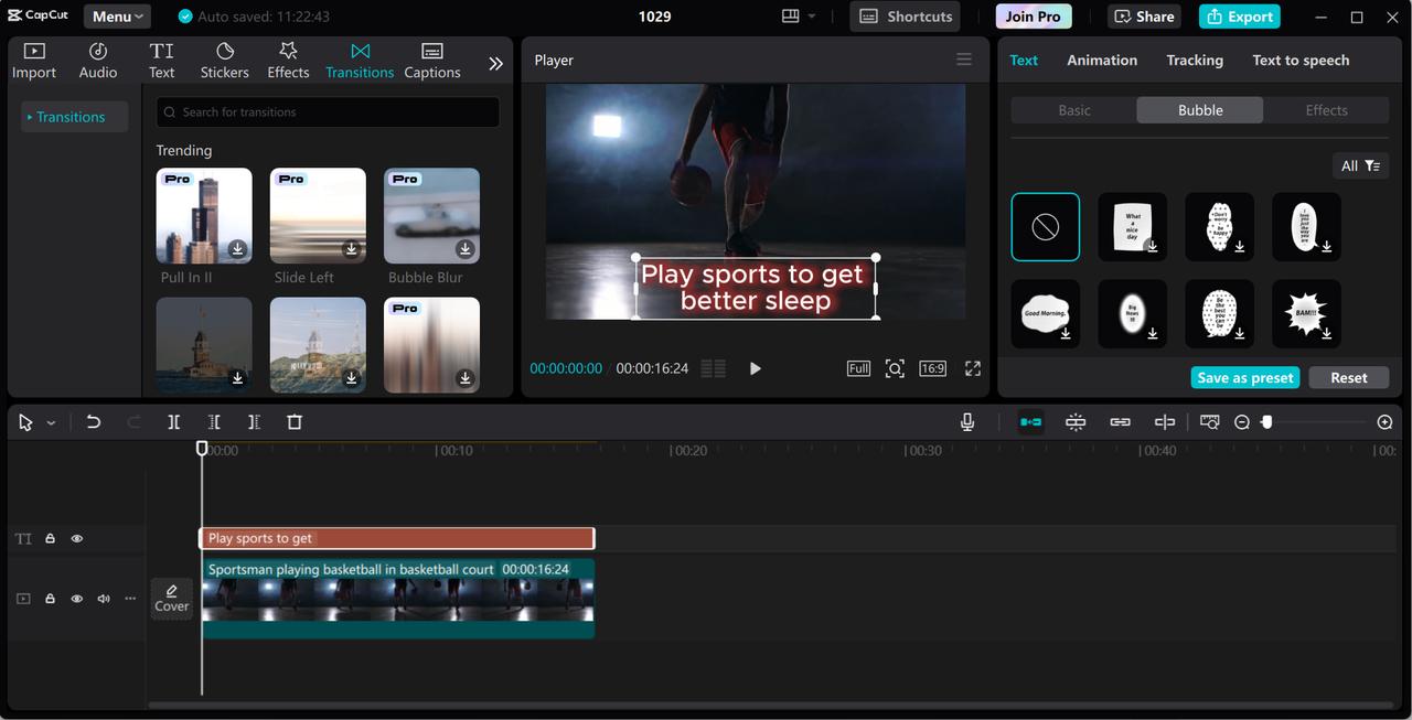 Interface of CapCut desktop video editor - an easy-to-use tool to add shadow to texts in videos 