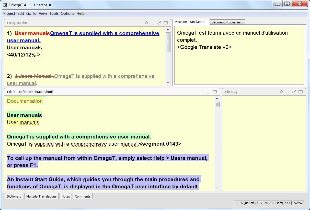 Interface of OmegaT - the reliable French audio translator to English 