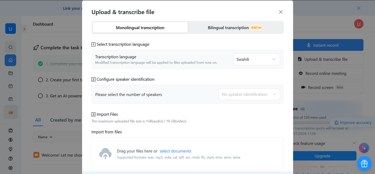 Interface of Notta - the best way to generate English to Swahili audio translations