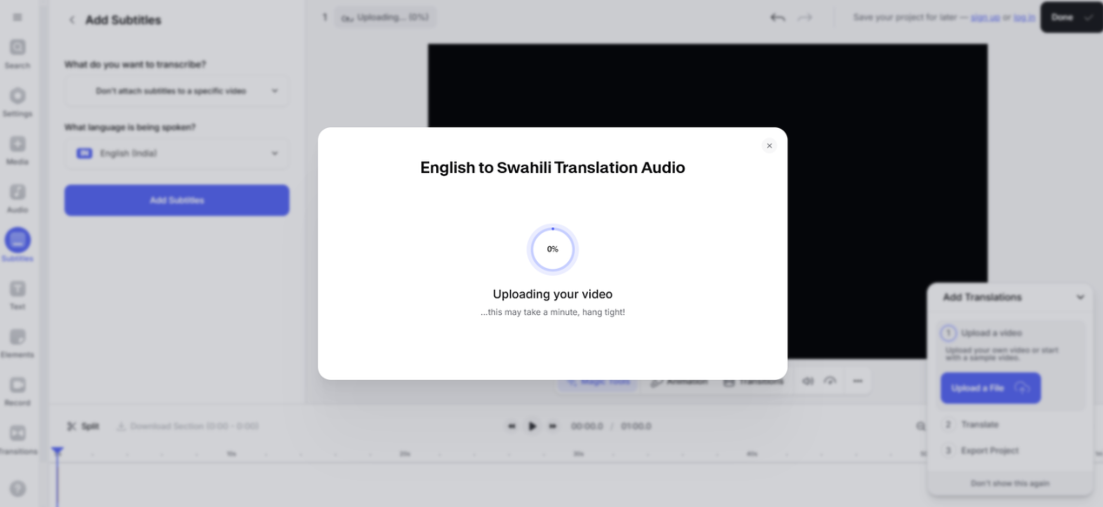 Interface of Veed.IO - a user-friendly tool to do English to Swahili audio translation