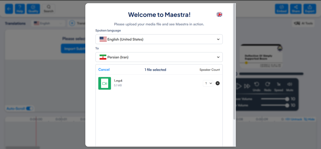 Interface of Maestra AI - the perfect way to convert English to Farsi audio