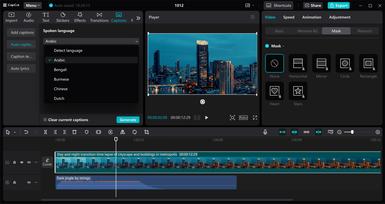 Interface of the CapCut desktop video editor - an easy-to-use tool for multilingual caption generation