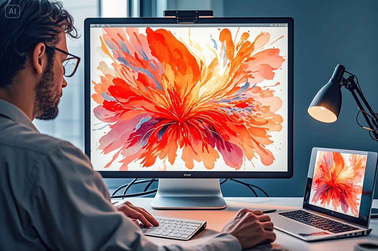 A man using an AI watercolor generator