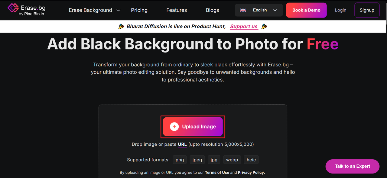 Upload image to edit photo background black