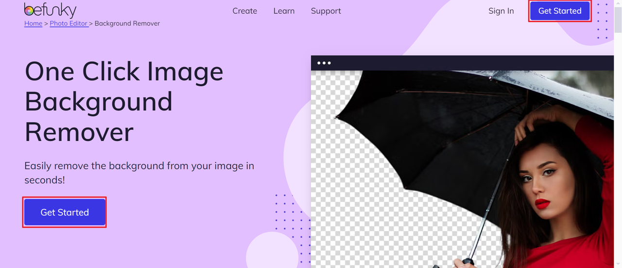 How to eliminate background from image: Click get started