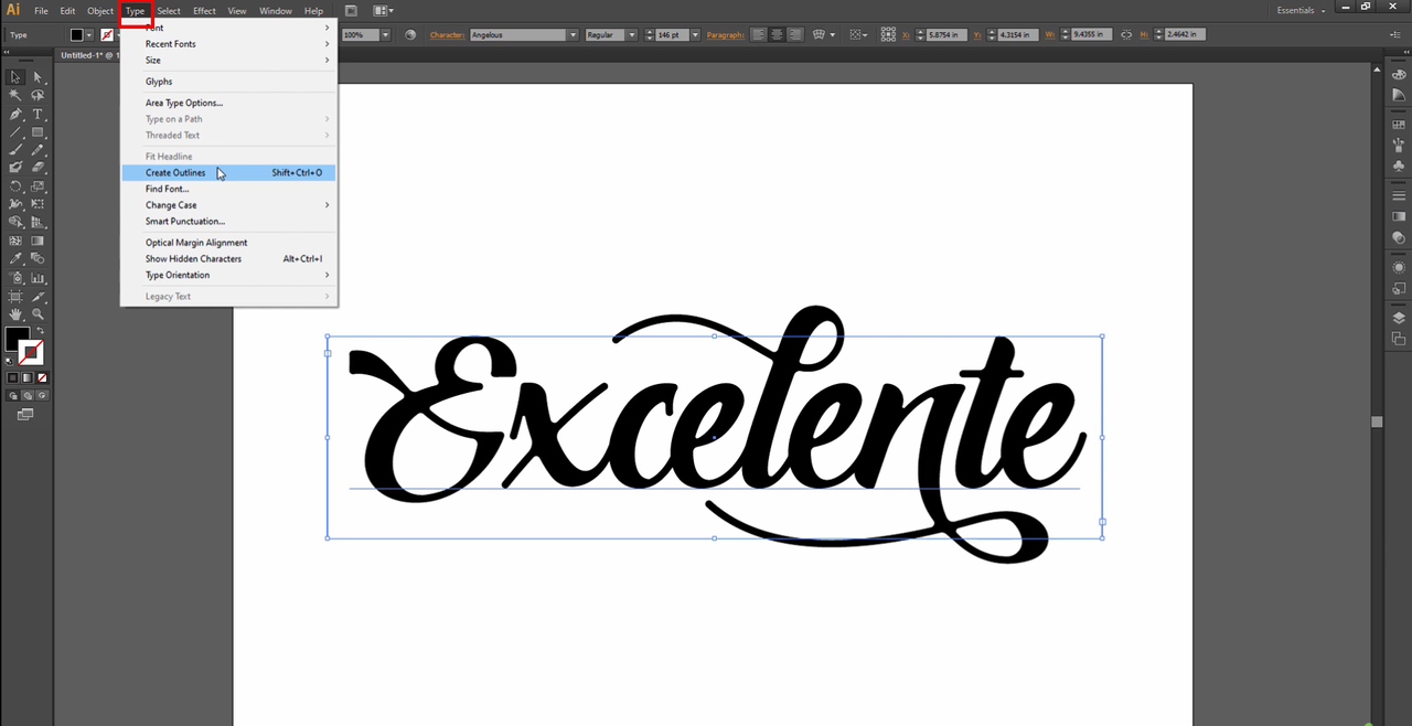 Interface showing how to convert text to outline in Illustrator