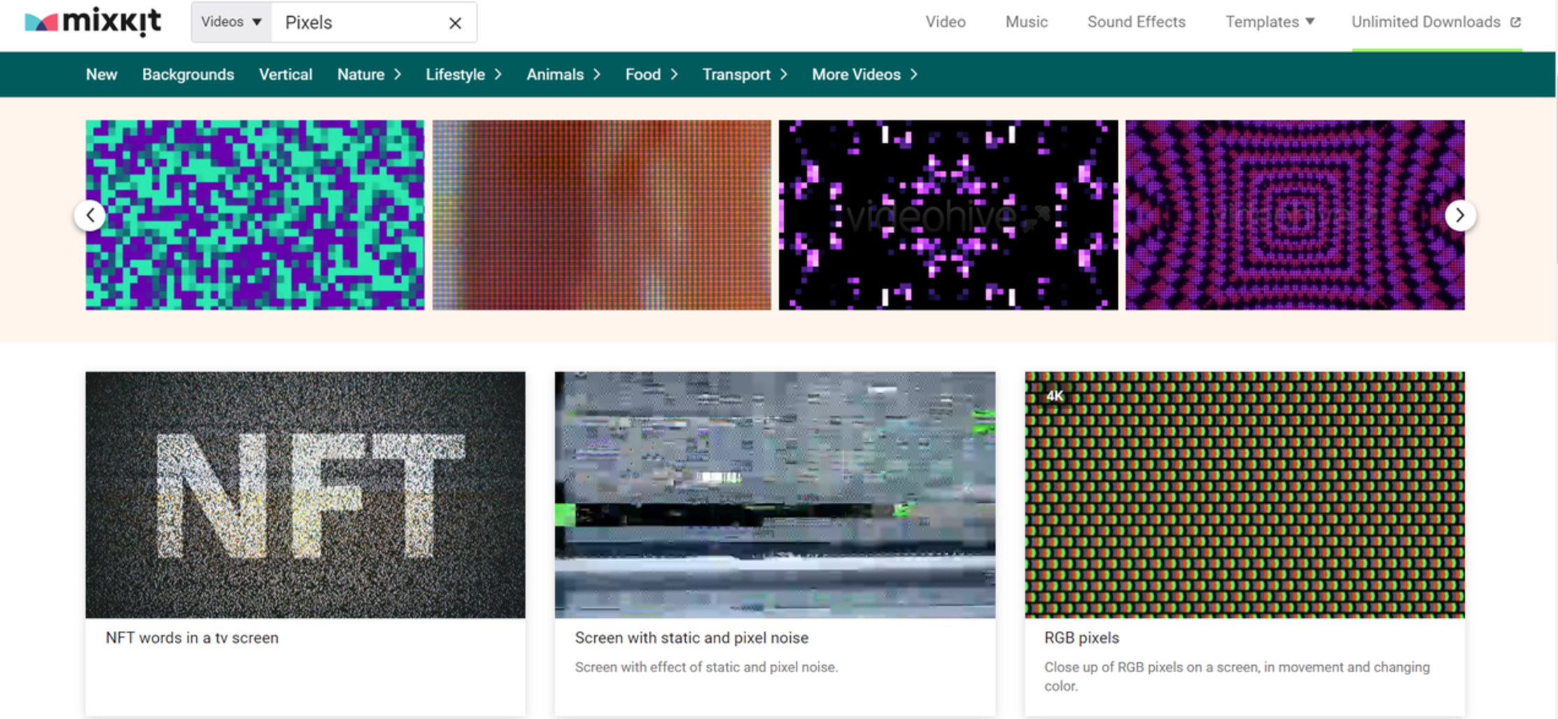Interface of Mixkit - a website to download stock pixel videos
