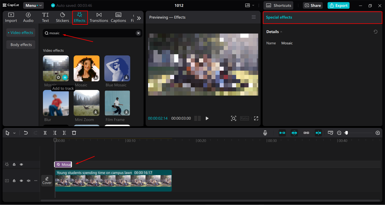 Adding a pixelation effect to a video in the CapCut desktop video editor