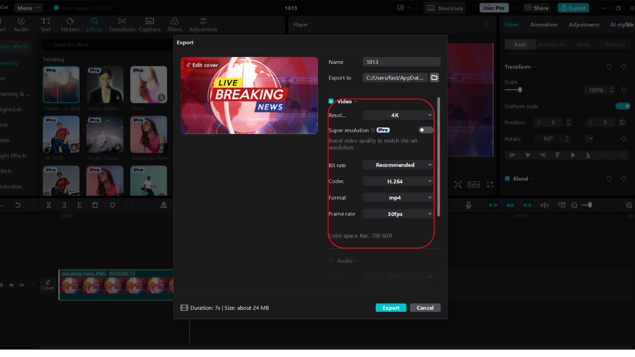 CapCut export settings for news intro video sharing