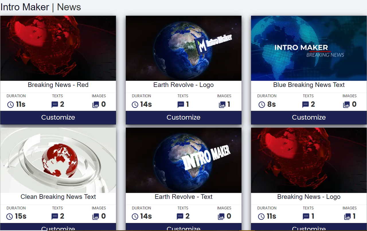 screenshot showing a variety of free customizable news intro templates