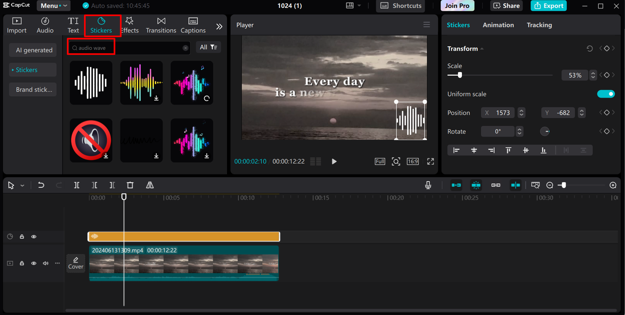 Adding sound waves sticker to video in the CapCut desktop video editor