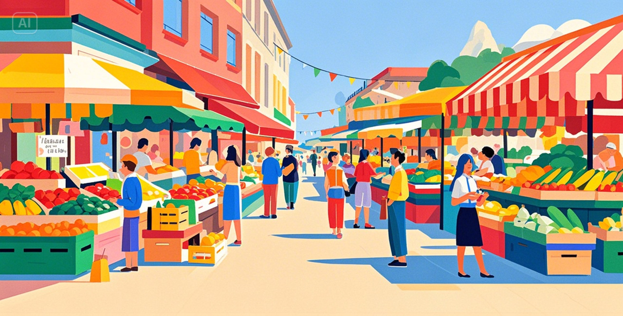 busy market flat 2D illustration