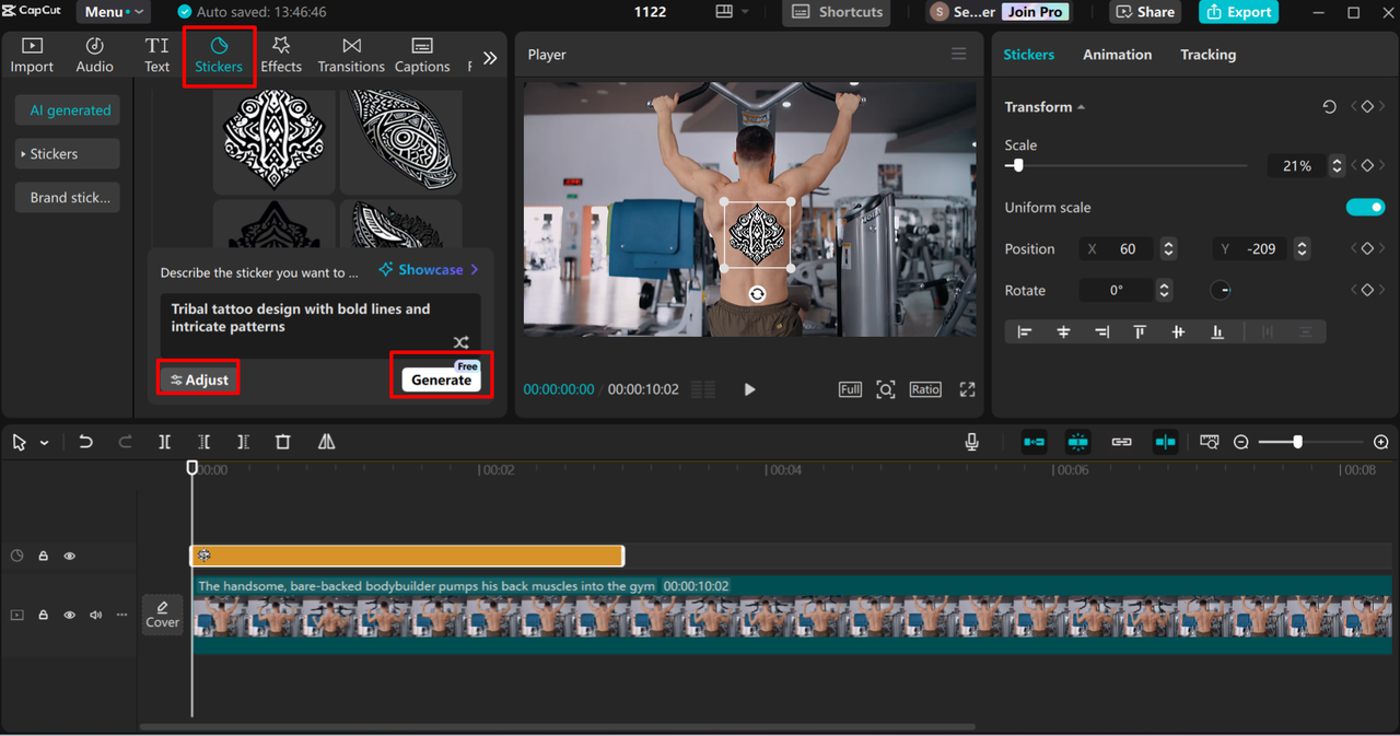 Creating a tattoo with an AI sticker generator in the CapCut desktop video editor