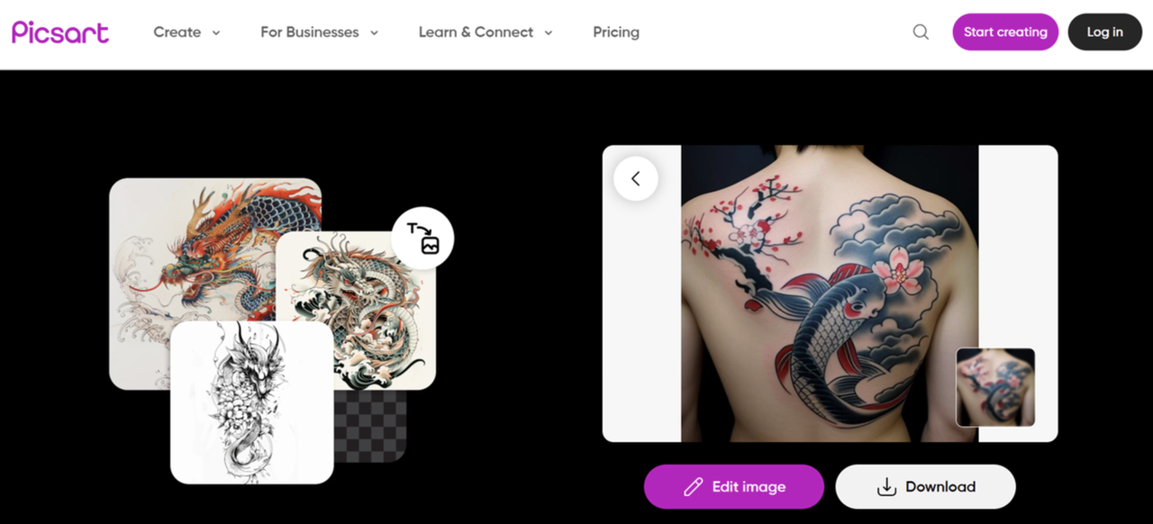 Interface of Picsart- eye-catching AI tattoo generator online