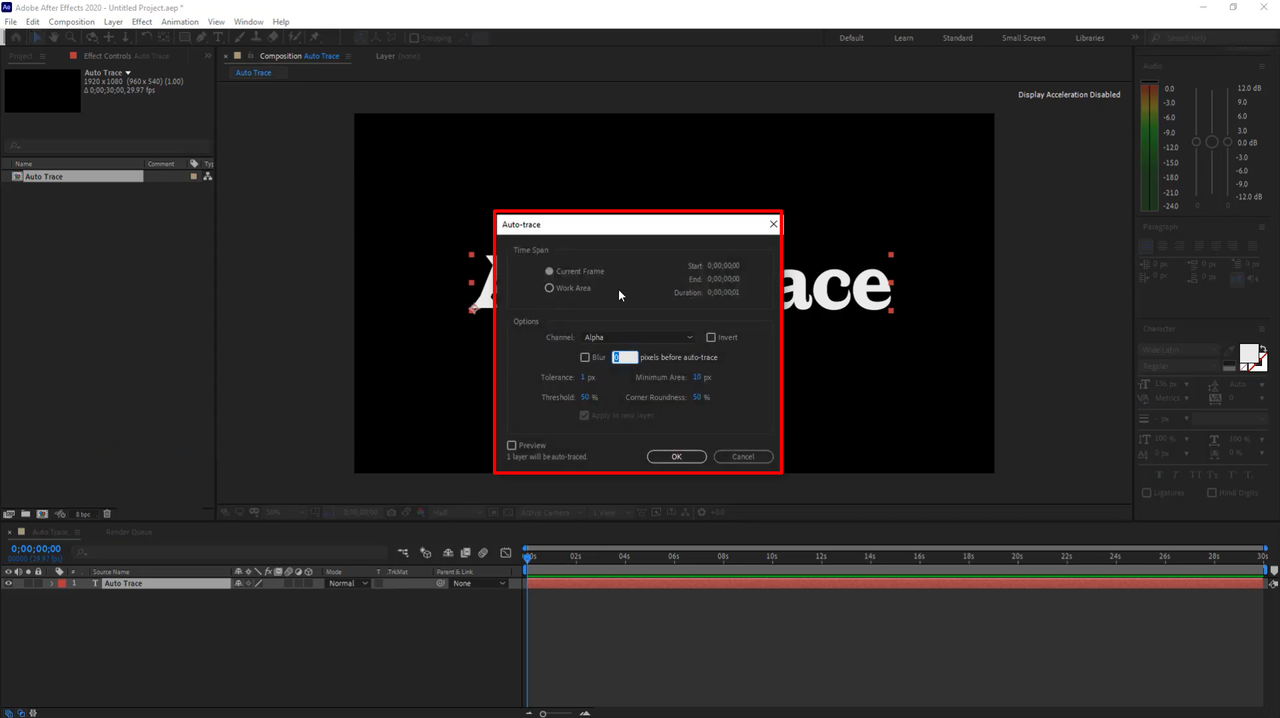 Adjusting the auto-trace settings in After Effects