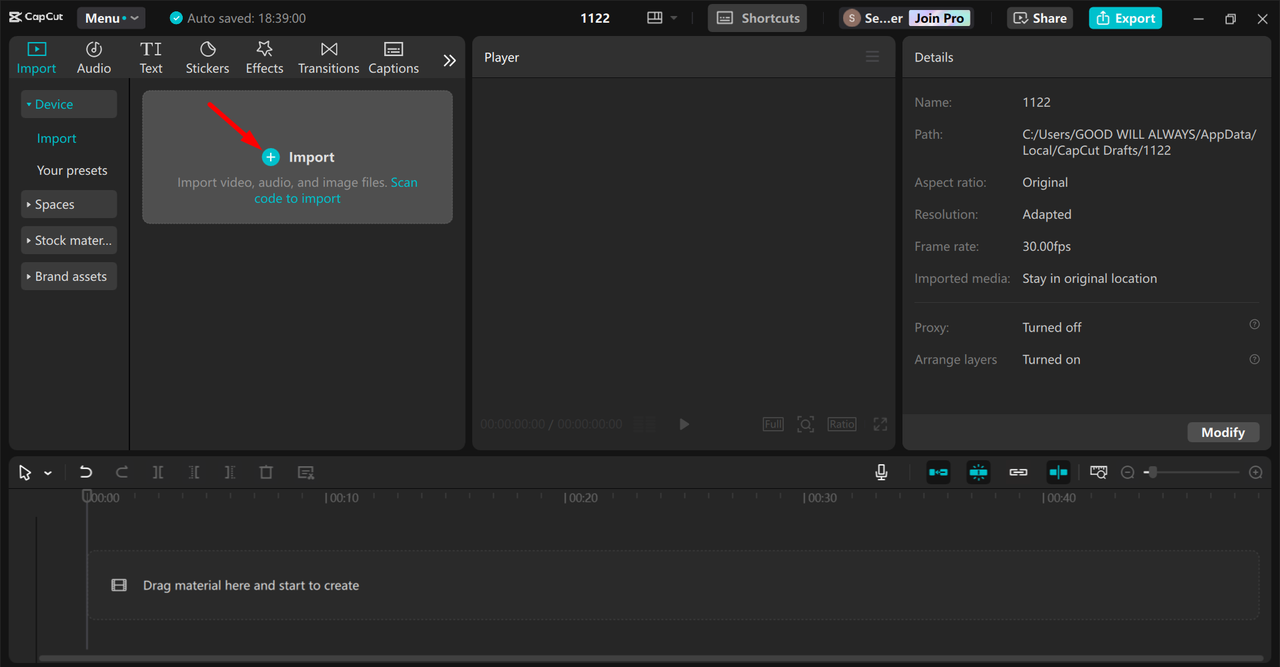 Importing video in the CapCut desktop video editor