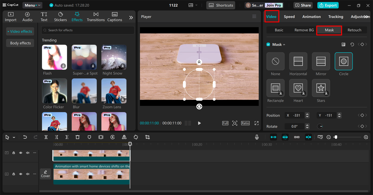 Adding a mask to the video in the CapCut desktop video editor 