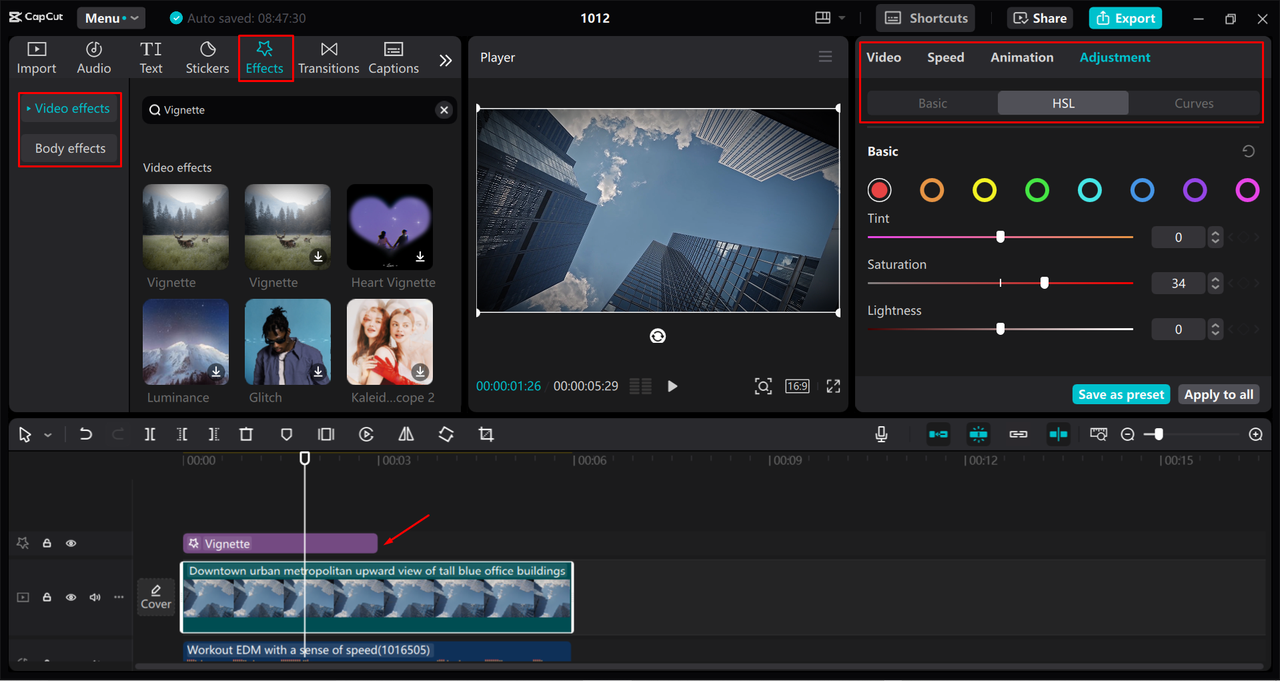 Adding vignette effect and editing videos in the CapCut desktop video editor