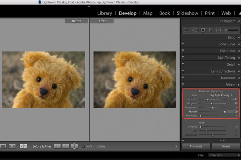 Using the post-crop tool to create a vignette in Lightroom Classic