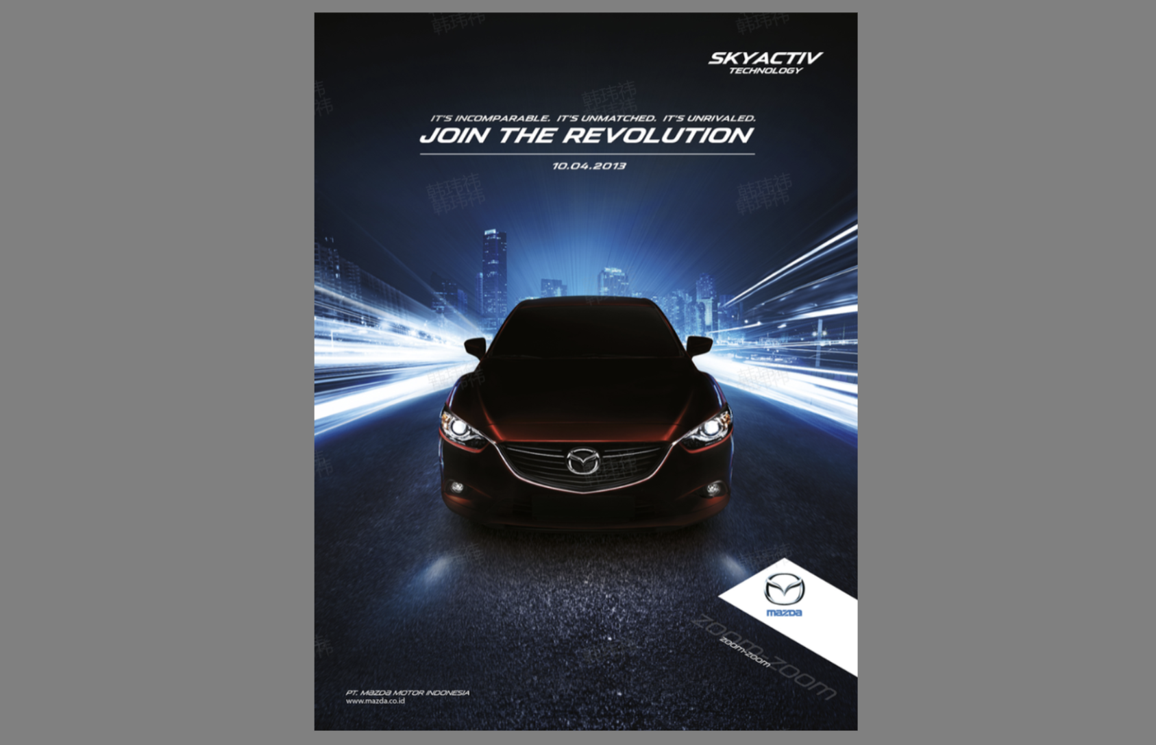 Cool ad poster of a sleek car in motion with Skyactiv Revolution