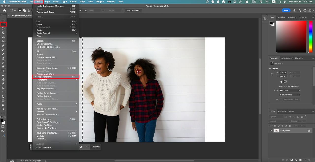 Photoshop extend background: Transform selection