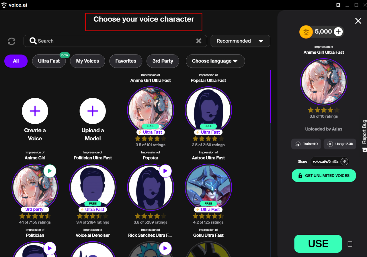 Select the voice characters from voice.ai