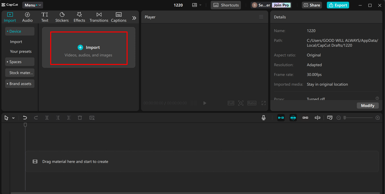 Importing video in the CapCut desktop video editor