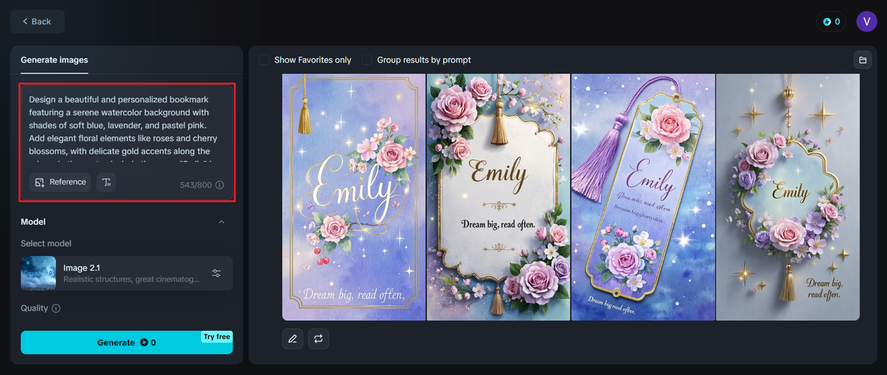 Type in your prompt in Dreamina's bookmark creator