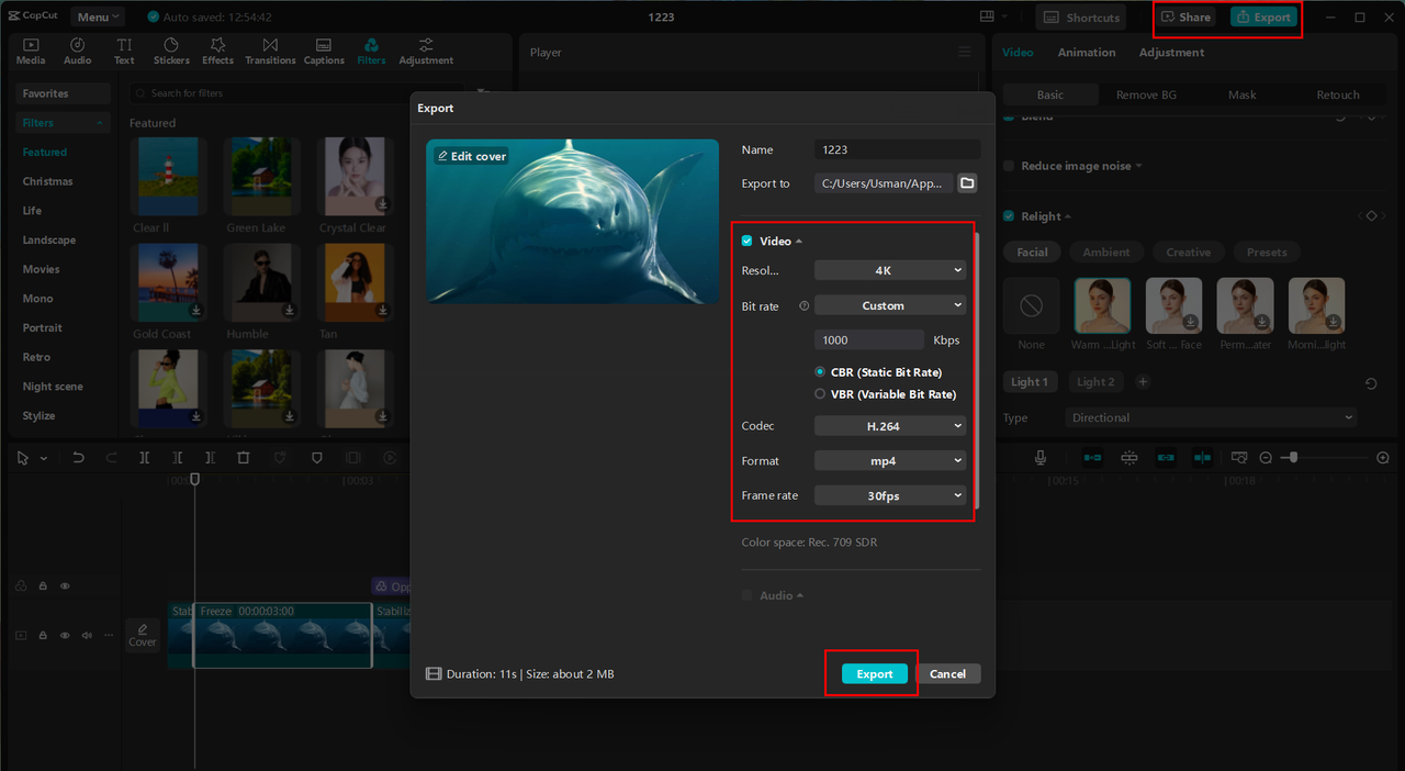 Exporting or sharing the video from CapCut in 4k resolution 
