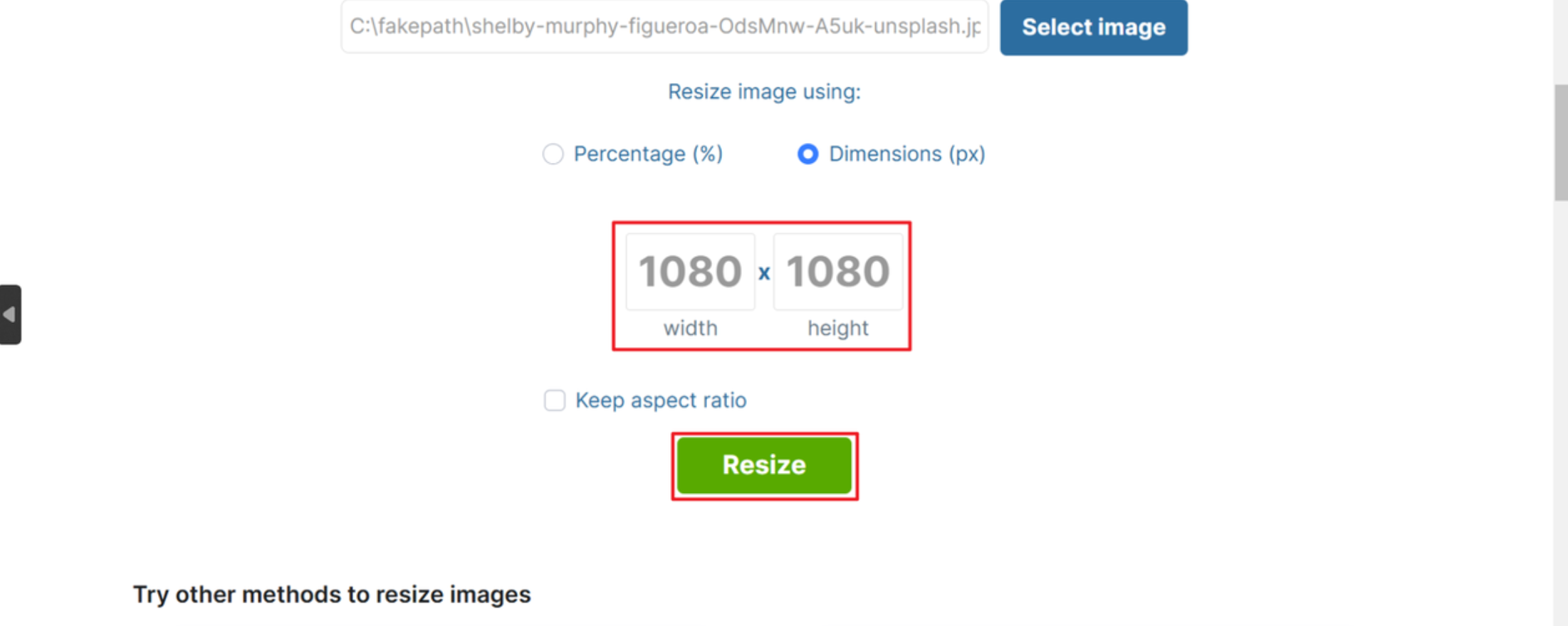 Manually type in your preferred dimensions